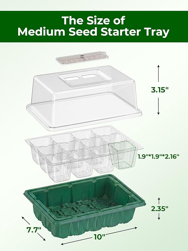 Seed Starter Tray 3 Pack with Heating Mat & 24 Full Spectrum LEDs Grow Light – Auto Cycle Timer, Humidity Dome Ventilation Cover, Drainage Holes, Includes Gardening Tools – Green Version