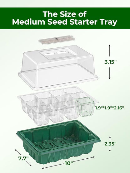 Seed Starter Tray 3 Pack with Heating Mat & 24 Full Spectrum LEDs Grow Light – Auto Cycle Timer, Humidity Dome Ventilation Cover, Drainage Holes, Includes Gardening Tools – Green Version