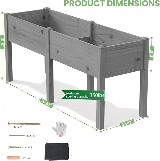 DoCred Raised Garden Bed, 70.9" x 22.8" x 31.5" Large Elevated Wooden Horticulture Planter Box with Wood Legs Standing Growing Bed Planter for Gardening, Balcony, Backyard, Patio