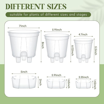Self Watering Pots for Indoor Plants with Deep Reservoir and High Drainage Holes for Outdoor Plants and Flowers, Bare Root Planter(4.72'', 5.91'', 7.09'',Clear,6 Pcs)