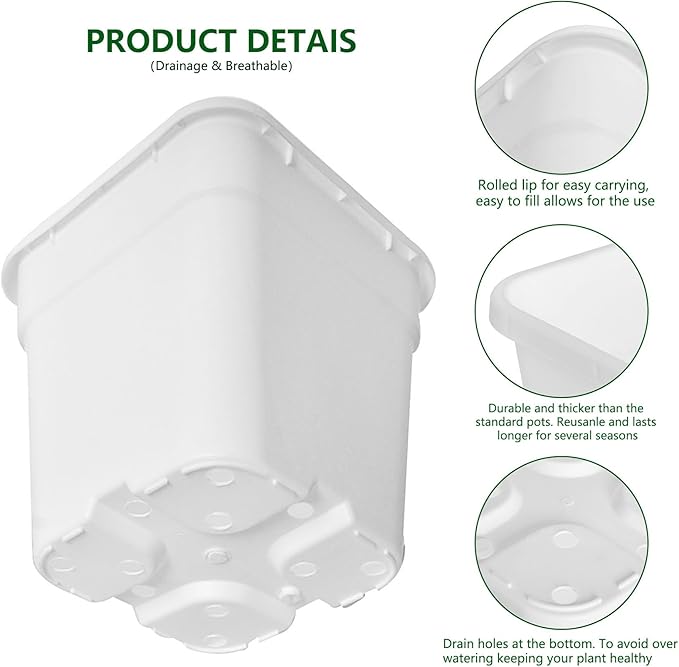 10-Pack 1 Gallon Square Planter Nursery Pots - Injection Molded Plastic Gardening Pots for Indoor & Outdoor Vegetables, Succulents, White