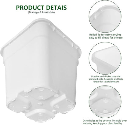 10-Pack 1 Gallon Square Planter Nursery Pots - Injection Molded Plastic Gardening Pots for Indoor & Outdoor Vegetables, Succulents, White