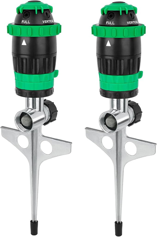 [2 Pack] RESTMO Gear Drive Sprinkler with Metal Spike Base, 5-Pattern Heavy Duty Gardening Watering System, Multi-Adjustable Lawn Sprinkle for Garden Plant, Flower Bed and Large Yard Area, Green