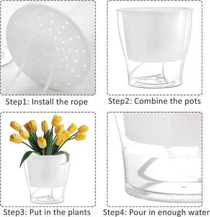 ZOOFOX 4 Pack Self Watering Pots for Indoor Plants, 7 Inch Large Clear Plastic Automatic-Watering Plant Pot, Modern Decorative Pot for Indoor Plants, Flowers, Herb, Aloe, Orchid, African Violets