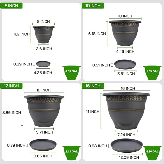 4 Pack 12 Inch Large Plant Pots, Plastic Flower Pot for Indoor & Outdoor with Drainage Holes & Saucer, Plaid Pattern Planters Garden Pots for Herbs
