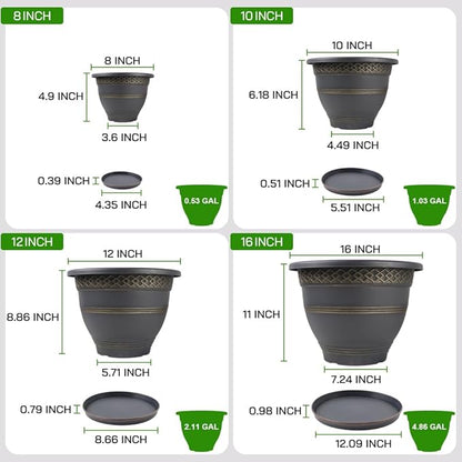 4 Pack 12 Inch Large Plant Pots, Plastic Flower Pot for Indoor & Outdoor with Drainage Holes & Saucer, Plaid Pattern Planters Garden Pots for Herbs