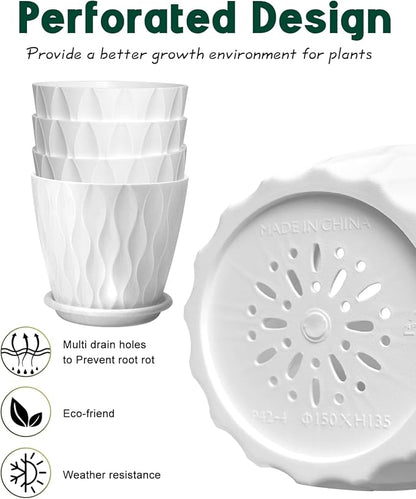 6 Inch Indoor Planter Pots with Drainage Hole and Tray Saucer,Flower Pots for Indoor Outdoor Garden Plants and Flowers, Multicolor, 5 Packs (White)