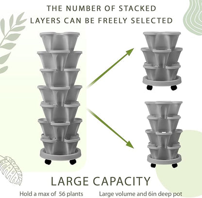 Umigy 2 Set of 7 Tier Vertical Planter Stackable Tower Planters Strawberry Herb Flower and Vegetable Pots Indoor Outdoor Gardening Pots with Removable Wheels and Tools(Light Gray)