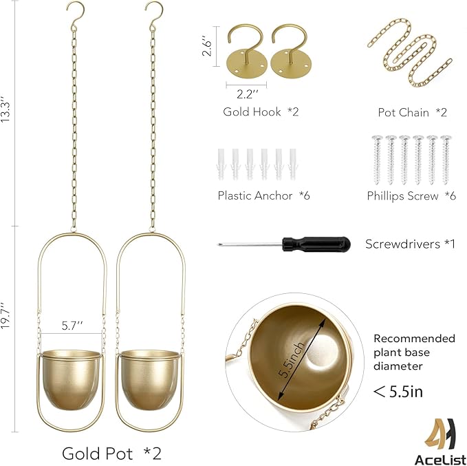 Boho Hanging Planter for Indoor Plants - Set of 2 Gold Metal Wall Planter 5.7Inch with Hooks and Chins, Plant Hanger Decor for Window and Patio - Suitable for Hanging Plants Decor