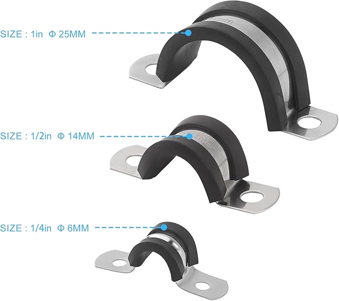 50 Pack 1 Inch Cable Clamps, 26mm Stainless Steel Rubber Coated Cushioned Insulated Cable Clamp, Black Conduit Wire Holder Strap Clips for Tube, Pipe or Wire Cord Installation