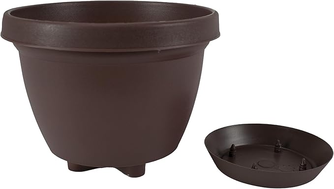 The HC Companies Infinity Round Planter Decorative 8 Inch Plastic Flower Pot w/Removable Saucer for Indoor & Outdoor Plants, Chocolate