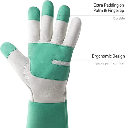HANDLANDY Long Gardening Gloves for Men & Women, Thorn Proof Rose Pruning Gloves Leather Gauntlets Garden Glove Yard Work Glove (Small, Green)