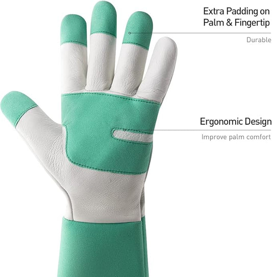 HANDLANDY Long Gardening Gloves for Men & Women, Thorn Proof Rose Pruning Gloves Leather Gauntlets Garden Glove Yard Work Glove (Small, Green)