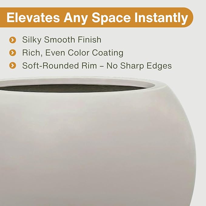 12.8" H x 16" D Globo Fiberstone Round Planter with Drainage Hole, Smooth Finishes, Weather Resistant for Indoor and Outdoor Use, Included 2 Extra Coco Mats (Taupe, 10.7" Pot Opening)