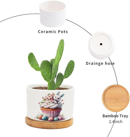 DreamAutumn Easter Cupcake Dessert Planter Ceramic Round Plant Pots with Drainage Holes and Bamboo Tray Planting Small Flower Pots for Home Windowsill Desk Garden Indoor Outdoor Use