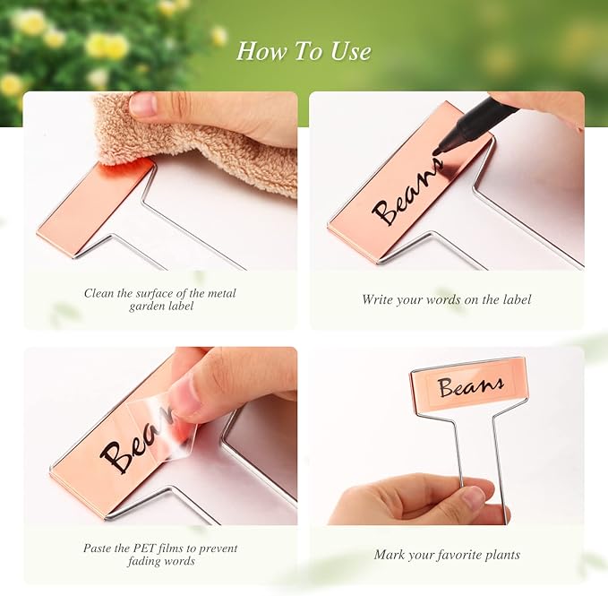 Moxweyeni 61 Pieces Metal Plant Tags Kit 30 Pieces Copper Metal Plant Labels 30 Rainproof Pet Films 1 Marker Pen Reusable Planting Garden Markers Nursery Tags (T Shape)