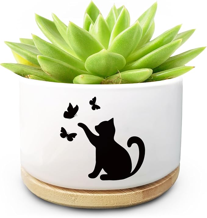 Funny Cute Cat Ceramic Planter Pot with Drainage Holes and Bamboo Tray Ideal for Succulent and Cactus Plants Decorative Indoor Home Office Gift for Cat Lovers and Plant Lovers (Plant Not Included)