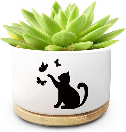 Funny Cute Cat Ceramic Planter Pot with Drainage Holes and Bamboo Tray Ideal for Succulent and Cactus Plants Decorative Indoor Home Office Gift for Cat Lovers and Plant Lovers (Plant Not Included)