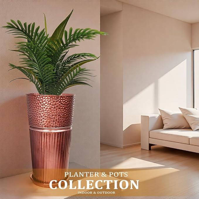 2 Pcs Pack Metal Tall Tapered Planter Pots Large Round Planter Flower Pot with Drainage Holes for Indoor Outdoor Deck Porch Garden Home Patio Front Door (Glossy Copper, Small)