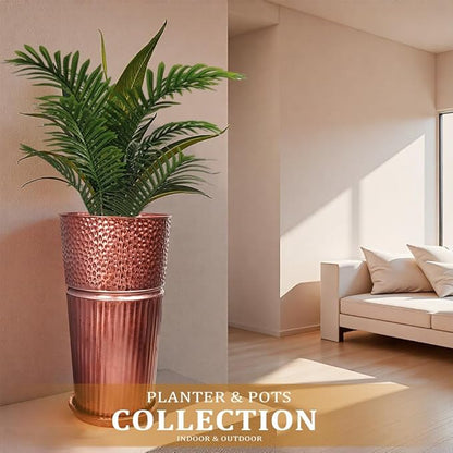 2 Pcs Pack Metal Tall Tapered Planter Pots Large Round Planter Flower Pot with Drainage Holes for Indoor Outdoor Deck Porch Garden Home Patio Front Door (Glossy Copper, Small)