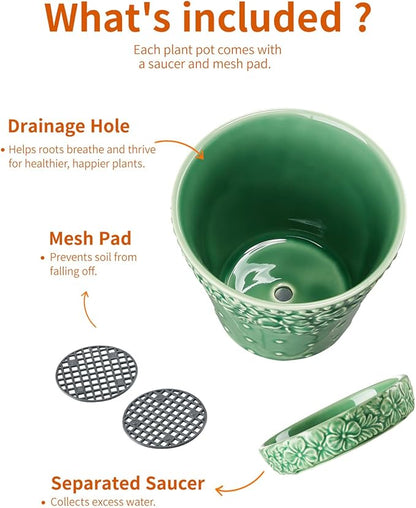 Ceramic Plant Pots, 5.8 Inch Flower Pots for Indoor Plants, Planters with Drainage Hole & Saucer, Green Planters for Succulent, Orchid, Cactus, Home Decor, Set of 4, Green