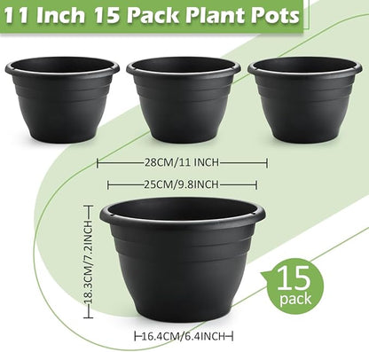 15 Pack 11 Inch Plant Pots with Drainage Holes,Black Plastic Flower Pots with Hanging Holes,Durable Planters for Indoor & Outdoor Plants,Nursery Pots