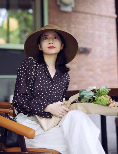 Wide-Brim Classic Elegant Style Foldable Straw Hat Women's Retro UV Resistant Sun Hats for Outdoor, Beach and Travel