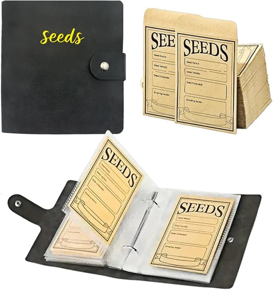 Seed Storage Organizer Binder, PU Seed Packet Organizer with 50 Clear Pockets(25 Pack Sheet Sleeves) and 50 Pack Seed Envelopes, Garden Seed Holder Book, Pink Flower Plant Seed Keeper