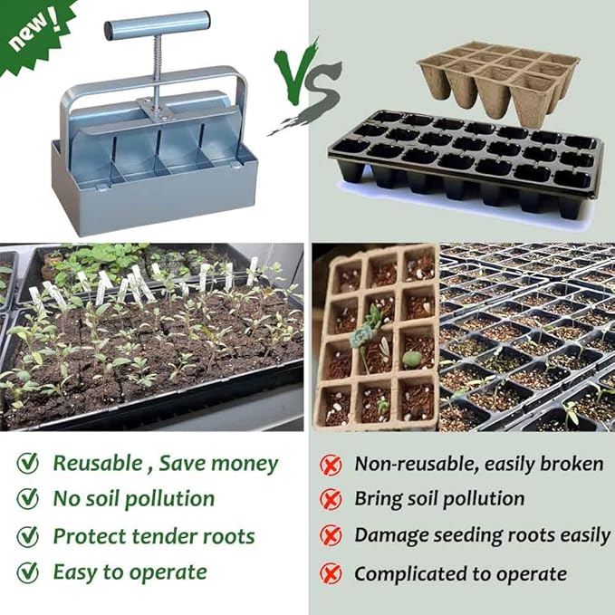Handheld Soil Blocker Tool Kit - 8 Cell Heavy Duty 2 Inch Soil Block Maker for Seedlings, Cuttings, Greenhouses and Gardens (Ergonomic Design, Durable Metal Construction)