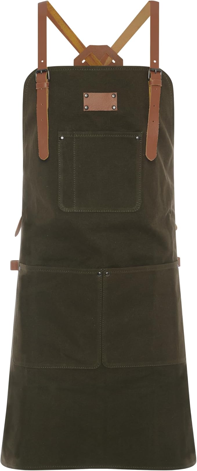 Theodore Waxed Canvas Work Apron - Cross Back with Leather Straps, 14oz Heavy Duty Canvas, Multi-Pocket Utility