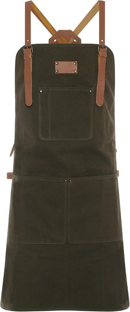 Theodore Waxed Canvas Work Apron - Cross Back with Leather Straps, 14oz Heavy Duty Canvas, Multi-Pocket Utility