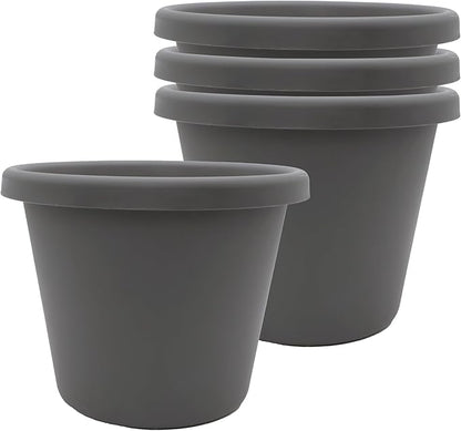 The HC Companies 7 Inch Classic Round Planter Pots with Drainage, Rolled Rim Plastic Planters for Indoor & Outdoor Plants, 4-Pack Decorative Flower Pots for Garden, Office & Home Decor, Warm Gray