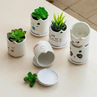 B SEPOR Set of 6 4.25inch Small Ceramic Animal Succulent Planter Porcelain Pots for Baby Succulant with Drainage and Bamboo Tray for Window Sill(Squatting Cats)
