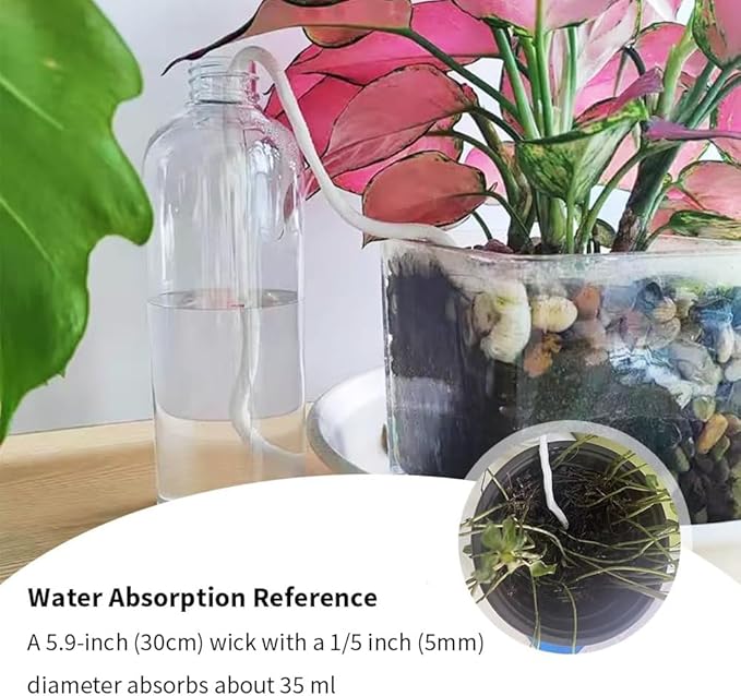 49.2 feet 1/5 Inch Natural White Self Watering Wick Cord Automatic Watering Cotton Rope System Hydroponic Wicking for Vacation Plant Care Capillary Wicks for Self Watering Planters and Pot