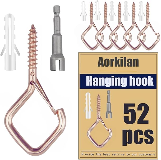52-Pack Heavy-Duty Rose Gold Screw Eye Hooks with Safety Clips | Metal Ceiling Hooks for Hanging Plants, Wind Chimes, Bird Feeders & Indoor/Outdoor Lights