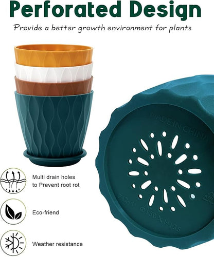 6 Inch Indoor Planter Pots with Drainage Hole and Tray Saucer,Flower Pots for Indoor Outdoor Garden Plants and Flowers, Multicolor, 4 Packs