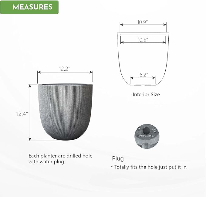 12.4" Tall Round Tapered Planter - Gray Faux Cement Finish, Lightweight Durable Plastic Plant Pot with Drainage Hole & Plug, Weather & UV Resistant Pot for Plants Indoor/Outdoor Use, 10.5" Opening