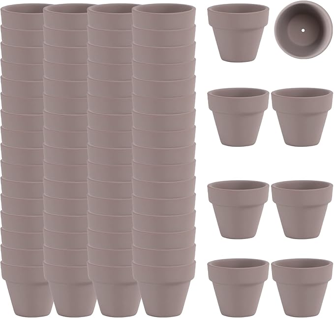 2 Inch Grey Terracotta Pots Pack of 72 - Mini Clay Pot with Drainage Hole for Tiny Cactus Herb lithop, Small Succulent Planter Nursery Plant Pot for Windowsill, Cactus Plant, Crafts, Wedding Favors