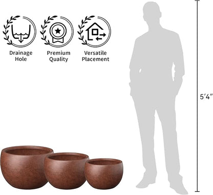 Kante 19.9",15.7",11.8" Dia Round Concrete Planter Set of 3, Outdoor/Indoor Large Bowl Plant Pots with Drainage Hole and Rubber Plug for Garden Patio Balcony Home, Rusty