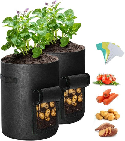 10 Gallon Plant Bags, 2 Pack Planting Pouch Breathable Non-Woven Fabric Grow Pot Garden Heavy Duty Plant growing Bags with Handles and Access Window Black