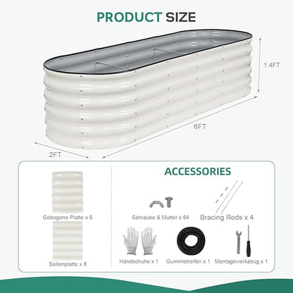 Galvanized Raised Garden Bed - 6×2×1.4ft Planter Raised Beds for Gardening | Oval Metal Garden Planter Box with Safety Edging and Gloves for Vegetables Fruits and Flower White