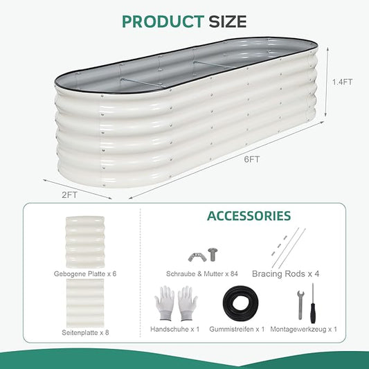 Galvanized Raised Garden Bed - 6×2×1.4ft Planter Raised Beds for Gardening | Oval Metal Garden Planter Box with Safety Edging and Gloves for Vegetables Fruits and Flower White