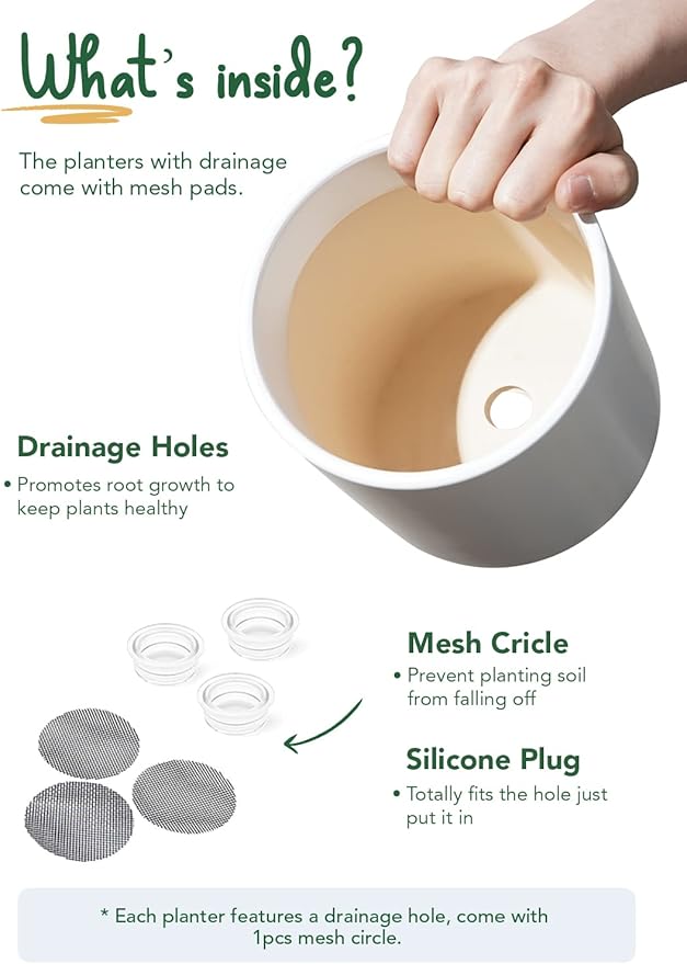 LE TAUCI Ceramic Pots for Plants, 10/8/6 Inch Indoor Planters with Draiange Hole, Silicone Plug & Mesh Pad, Modern Minimalist Pots for Home Office, Set of 3, Satin, White