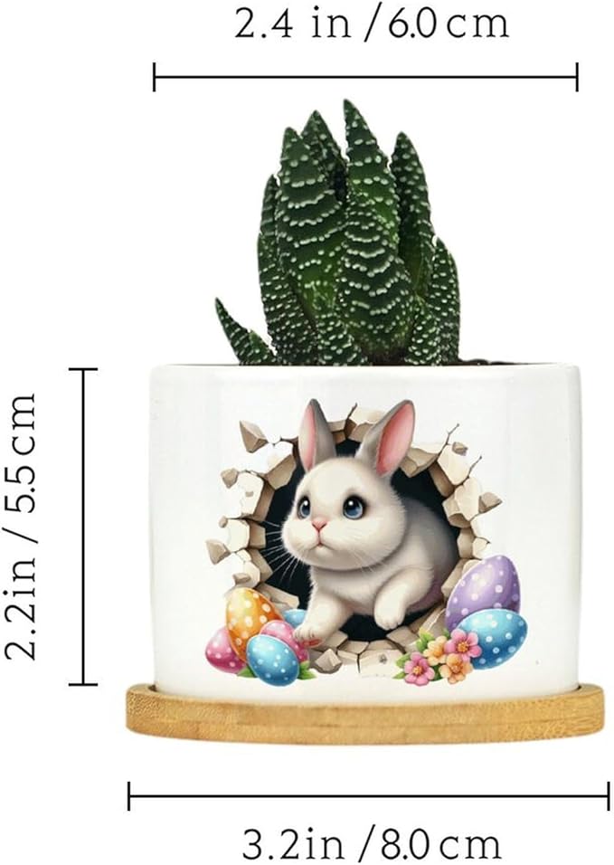 Cute Easter Bunny Break Through Eggs Ceramic Pots for Plants with Drainage Holes Round Flower Pot Bamboo Tray Orchid Pot Succulents Pots for Outdoor Indoor Plants