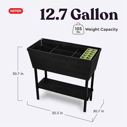 Keter Urban Bloomer 12.7 Gallon Raised Garden Bed and Outdoor Herb Garden Planter with Self Watering Gauge and Drainage Plug, Dark Grey