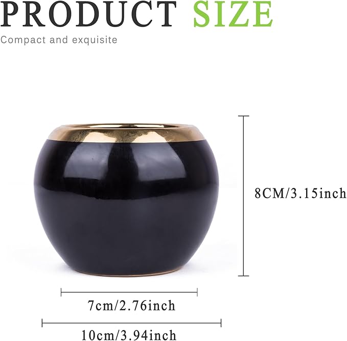 Black Gold Spherical Ceramic Plant Pots Succulent Small Planter Indoor Modern Decorative Indoor-Outdoor Garden Plant Pots with Drainage Holes - Plants Not Included 3.94 x 3.94 x 3.15 Inch