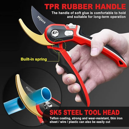 Garden Pruners, Heavy Duty Garden Clippers, Pruning Shears with Adjustable Thumb Lock, Hand Gardening Tools Pruners, High Carbon Steel Sharp Gardening Scissors (red)