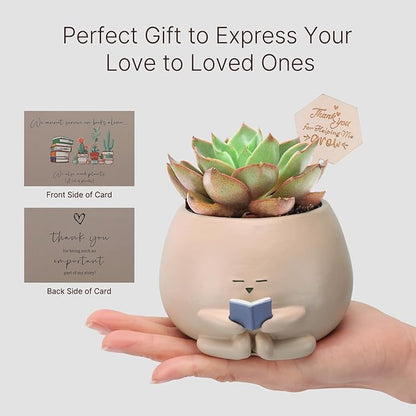 Bookworm Planter Pot - Cute Plant Pots for Succulents with Thank You Sign & Card, Small Reading Planter for Indoor Outdoor Decor, Succulent Gifts for Book Lovers, Teacher Dad Mom Appreciation