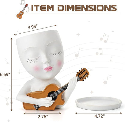 Face Planter Pot, Cute Girl Playing Guitar Head Planter for Indoor Plants, Unique Resin Succulent Pots with Drainage, Creative Music Lover Gifts for Guitarist Women Mom (White)
