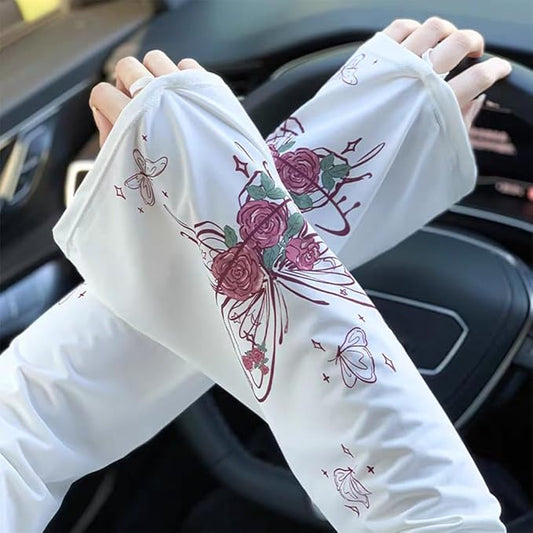 Sun Protection Cooling Sleeves,Anti-slip Gardening Arm Sleeves,Loose Large Opening Butterfly Boho UV Cover for Women